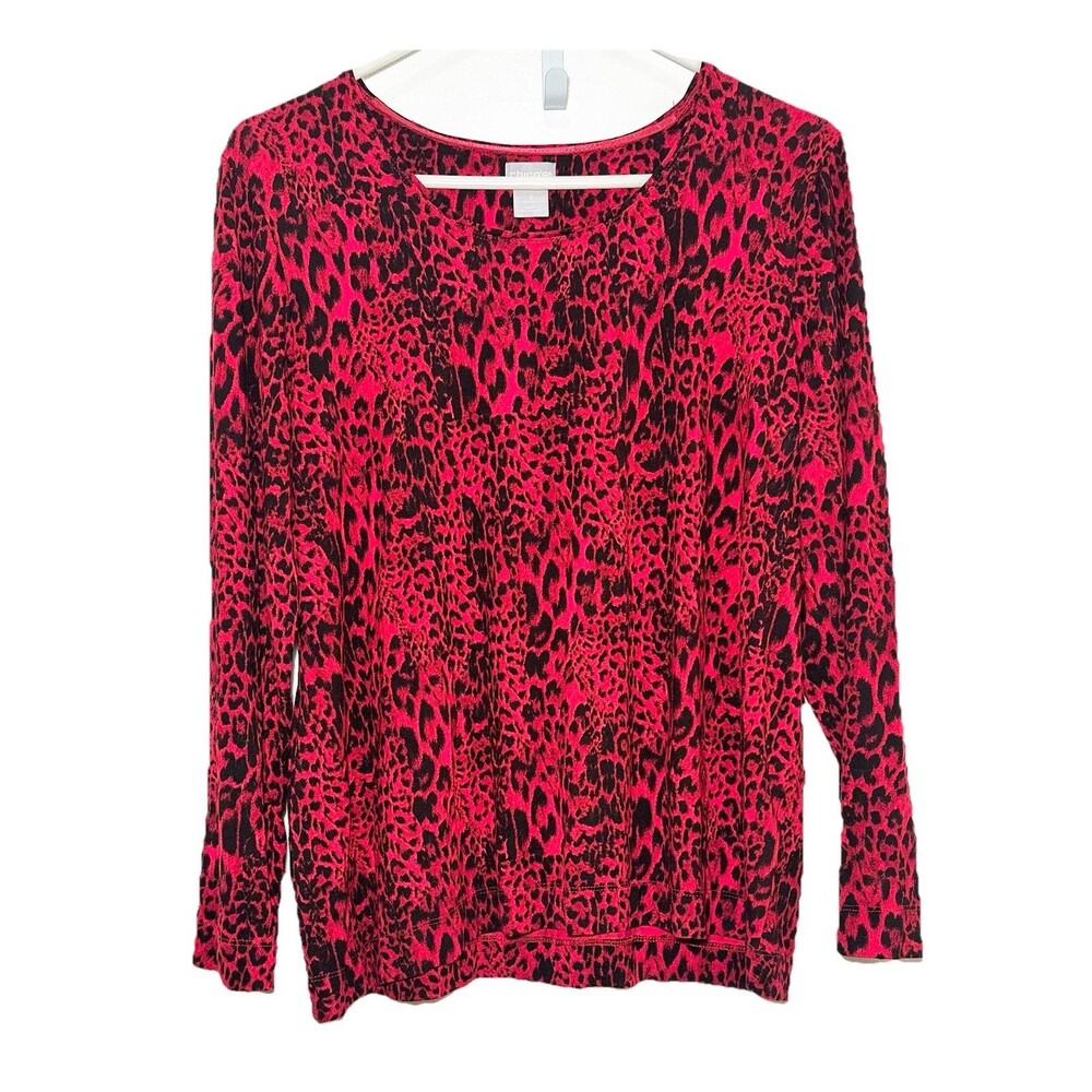Chicos Leopard Print Top Size Large Red Black Stretch 3/4 Sleeve Statement Soft